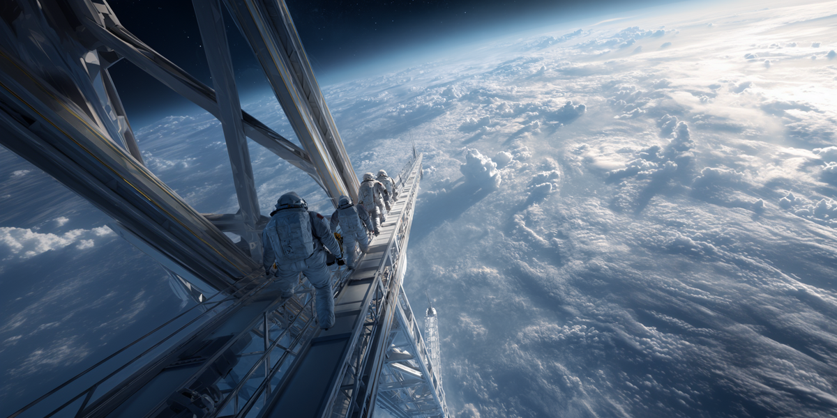 Astronauts floating along a miles long (not steep) bridge stretching all the way down to Earth.